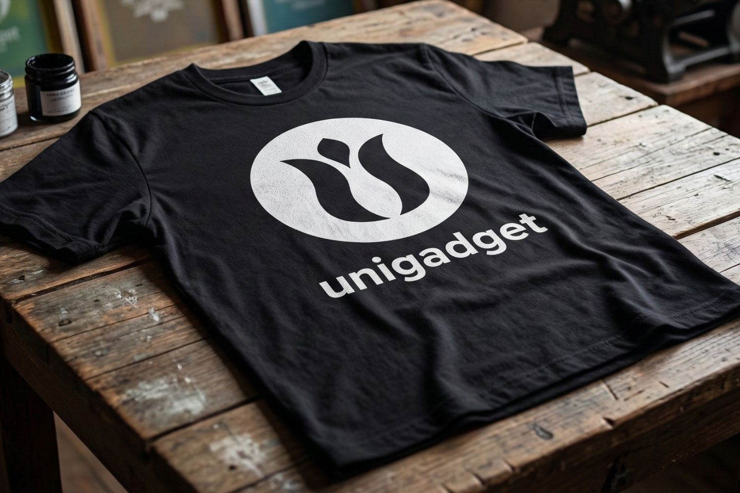 Maglietta nera personalizzata con grande logo bianco Unigadget, distesa su un tavolo di legno rustico con barattoli di inchiostro sullo sfondo.