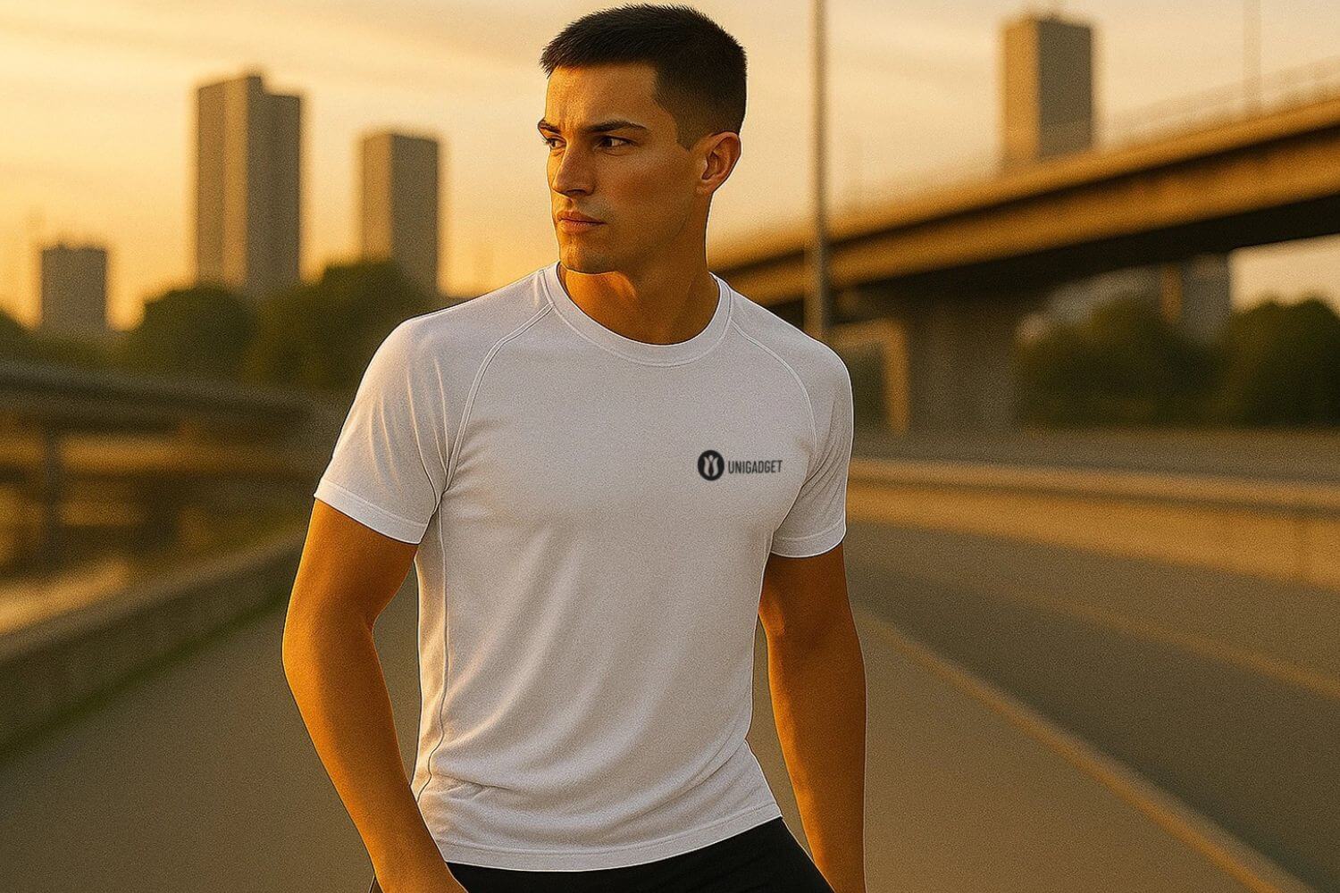 Modello indossa una t-shirt bianca personalizzata con logo minimale Unigadget, esempio di trend minimalista per brand nel 2026.