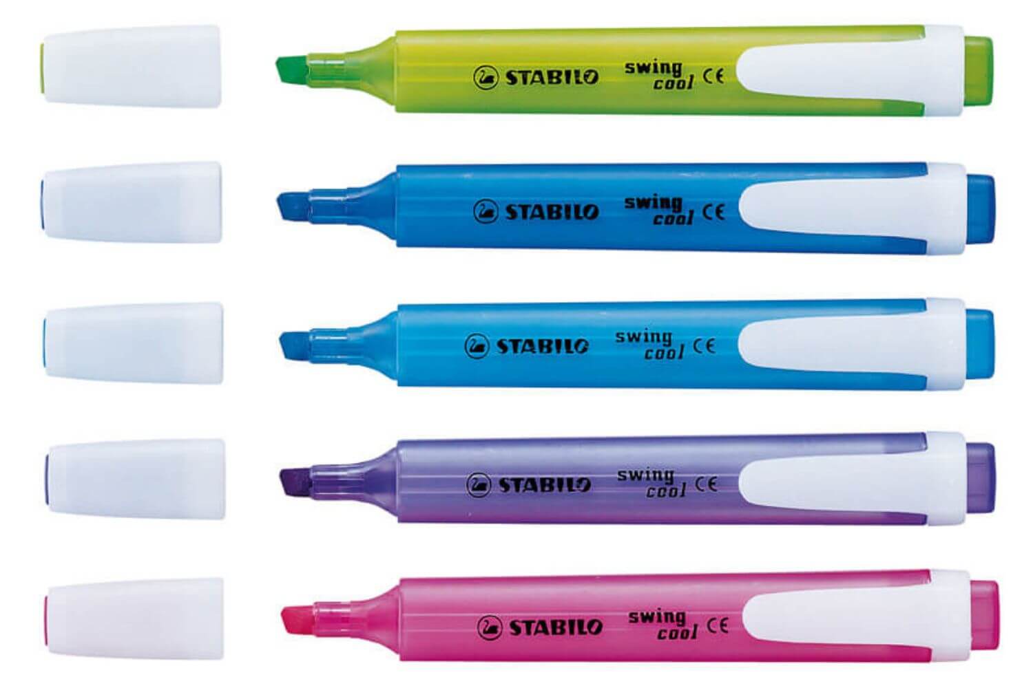 Assortimento di penne ed evidenziatori Stabilo in vari colori sgargianti, ideali come articoli di cancelleria promozionale per le aziende.