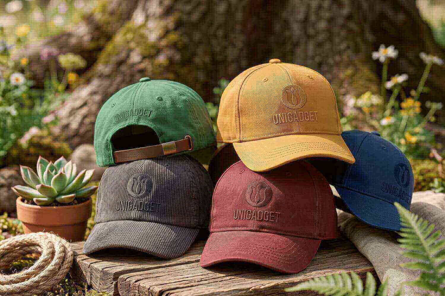 Cinque cappellini con visiera in cotone di vari colori (verde, senape, grigio, bordeaux, blu) personalizzati con il logo Unigadget ricamato sul fronte, accatastati all'aperto su una superficie di legno rustico tra piante e felci.