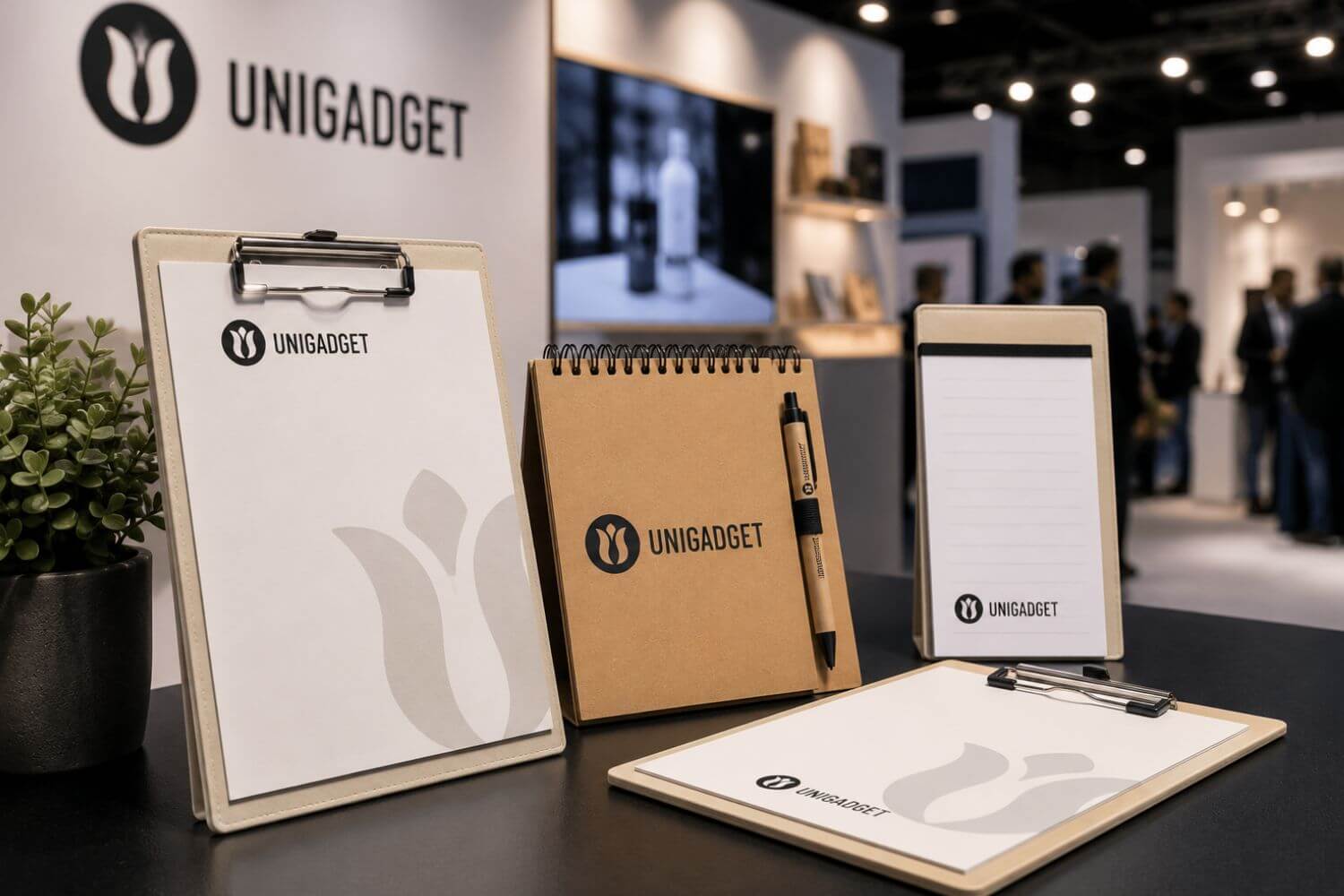 Cartelle portadocumenti e raccoglitori ad anelli neri e bianchi dal design minimalista, personalizzati con il logo Unigadget, esposti sul bancone di uno stand fieristico con visitatori sullo sfondo.