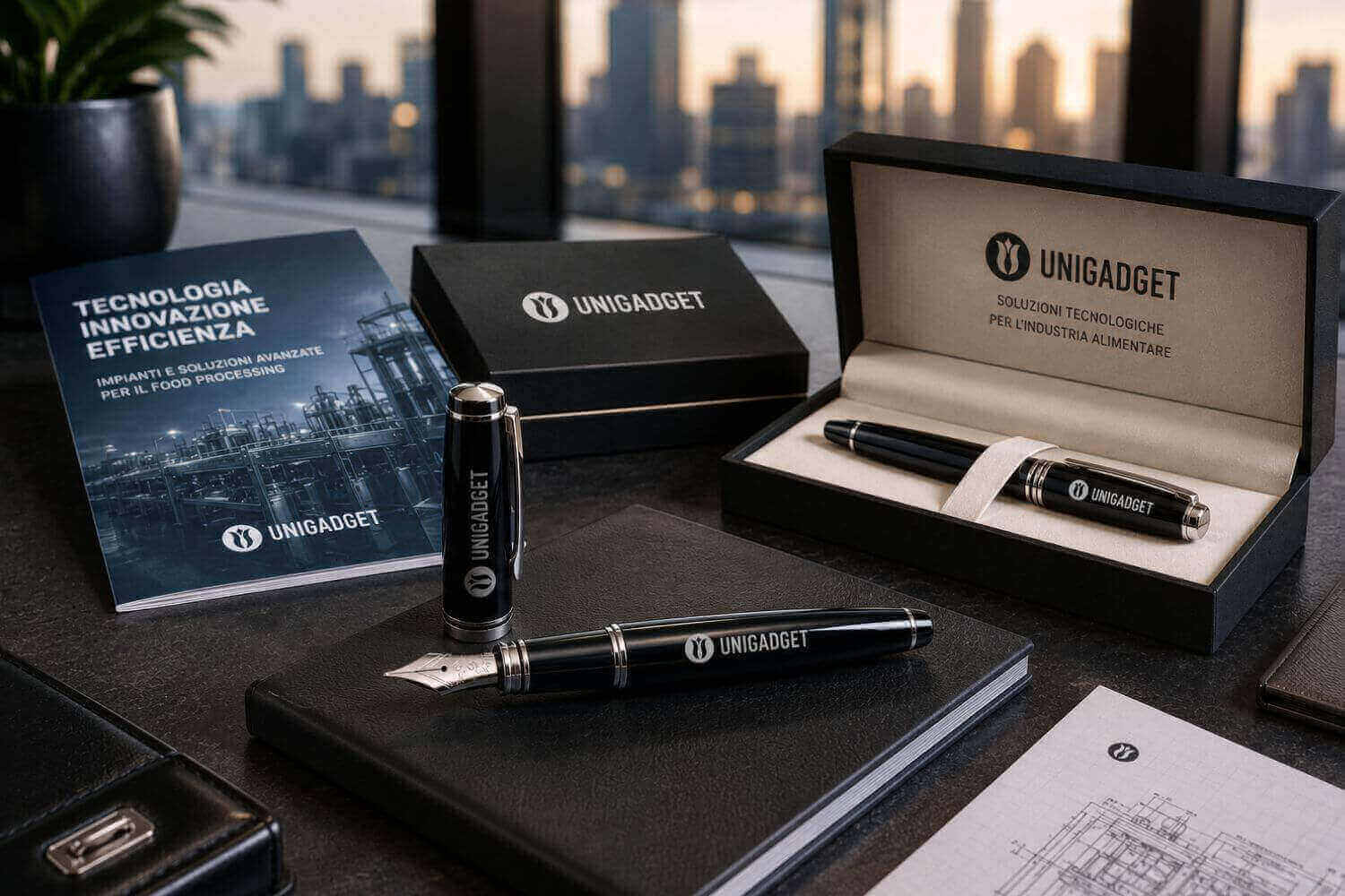 Elegante set da scrittura con penna stilografica e penna a sfera nere con finiture argento personalizzate Unigadget, esposte in un astuccio di lusso su una scrivania direzionale accanto a un catalogo tecnico.