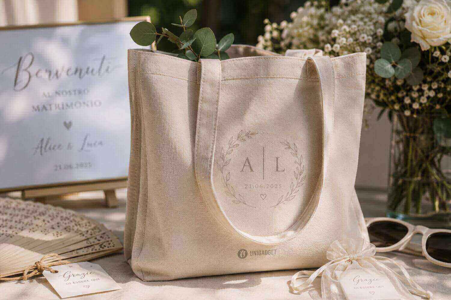 Shopper in cotone beige personalizzata con le iniziali degli sposi A e L e la data del matrimonio, circondata da fiori bianchi, un cartello di benvenuto, un ventaglio e occhiali da sole.