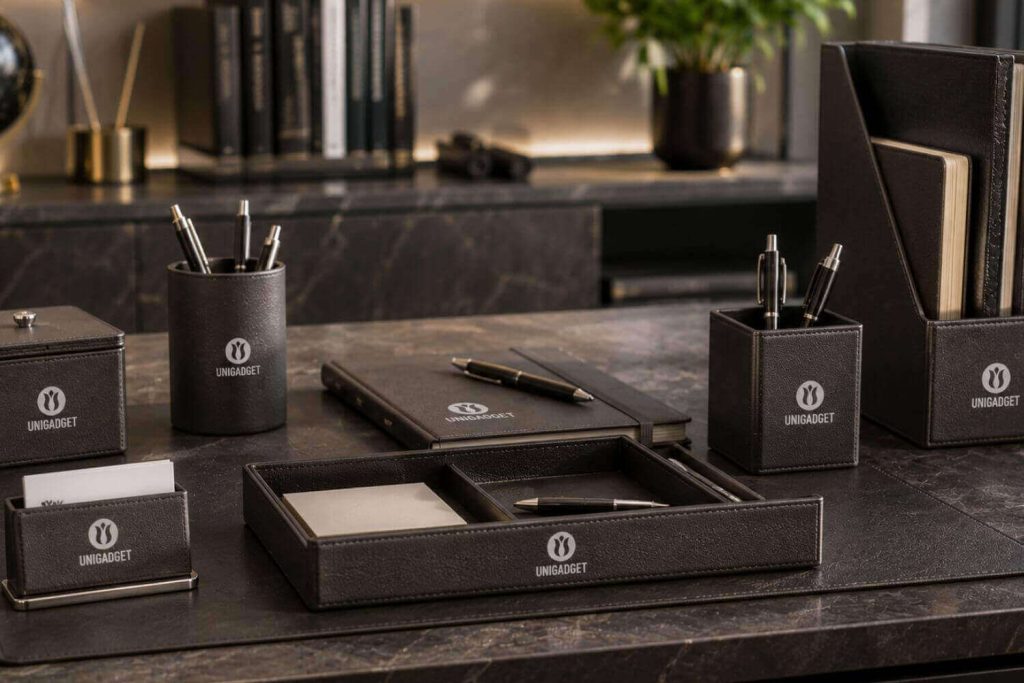 accessori-scrivania-personalizzati-set-ufficio-pelle-1024x683 Gadget da scrivania e accessori tech: come fare desk branding con regali aziendali utili