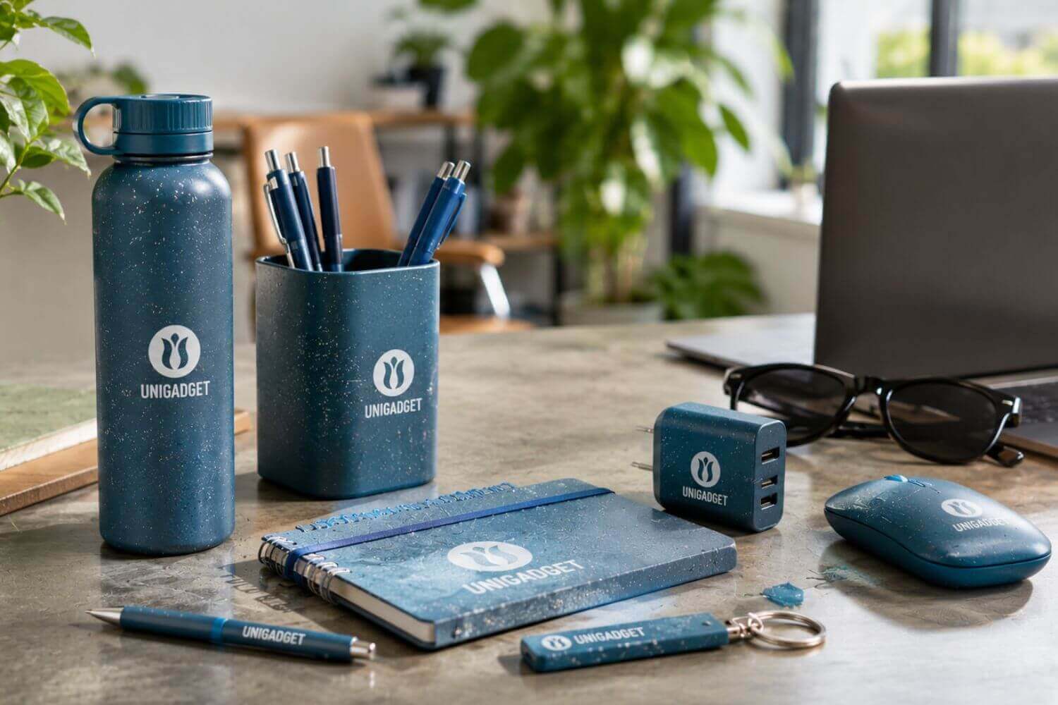 Collezione di gadget aziendali sostenibili in plastica riciclata R-PET blu screziata, tra cui borraccia termica, porta penne, taccuino, powerbank e mouse wireless personalizzati con il logo Unigadget, su una scrivania moderna circondata da piante verdi.