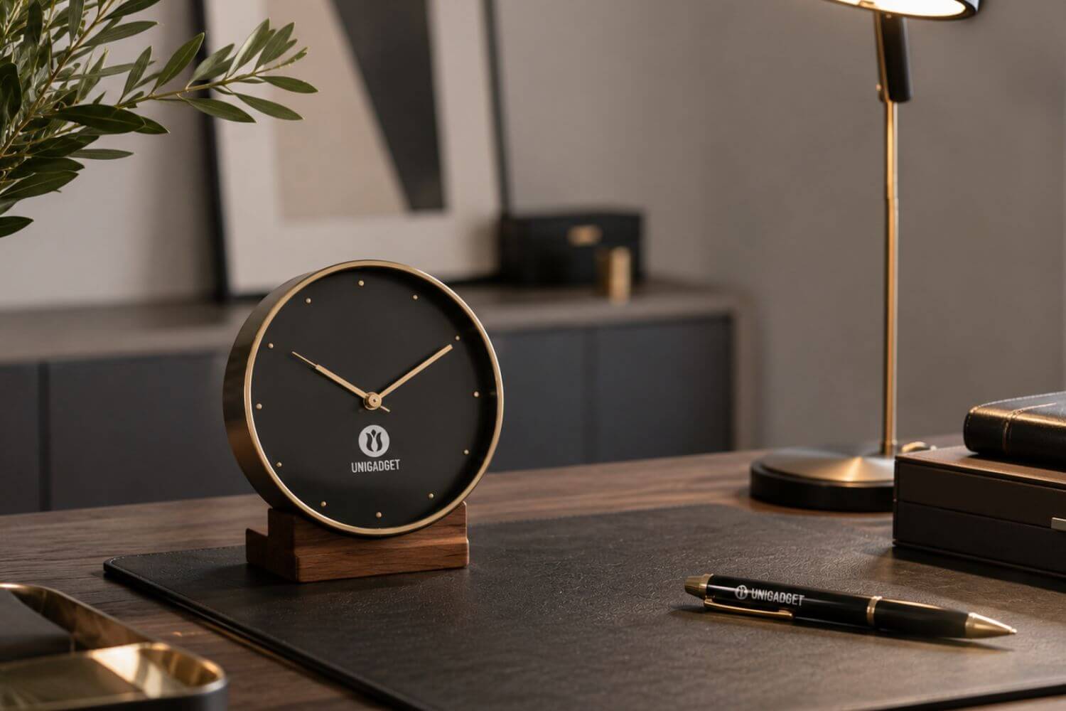 Orologio da tavolo di design in metallo nero e base in legno, personalizzato con il logo Unigadget, posizionato su un tappetino in pelle nera accanto a una penna a sfera brandizzata, una pianta e una lampada da scrivania dorata.