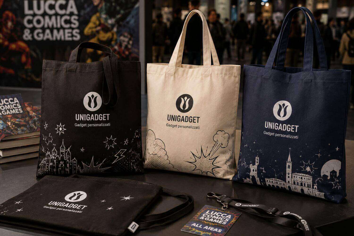 Shopper in cotone nera, écru e blu notte personalizzate con il logo Unigadget e illustrazioni a tema fumetto, esposte allo stand del Lucca Comics & Games insieme a un sacchetto e a un lanyard con badge.