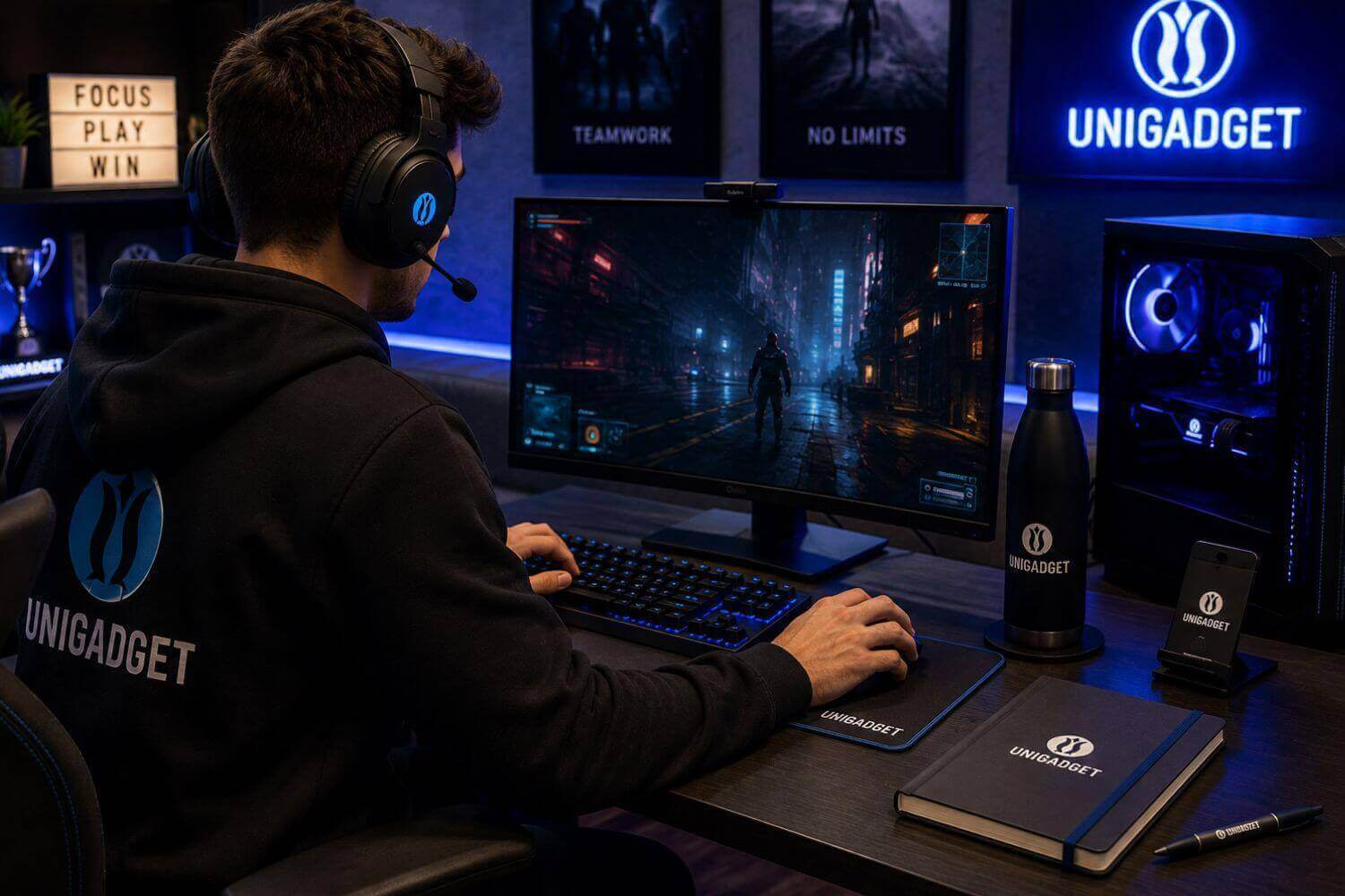 Gamer di spalle con felpa e cuffie personalizzate davanti al monitor, con borraccia, taccuino e supporto per smartphone brandizzati sulla scrivania e insegna luminosa del marchio sullo sfondo.