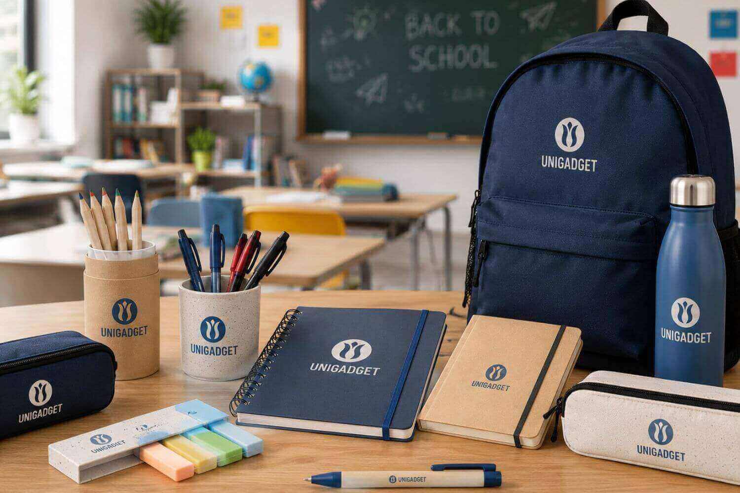 Gadget scolastici personalizzati con logo su un banco di scuola, con zaino, borraccia termica, astucci, taccuini, portapenne e penne, davanti a una lavagna con la scritta "Back to School".
