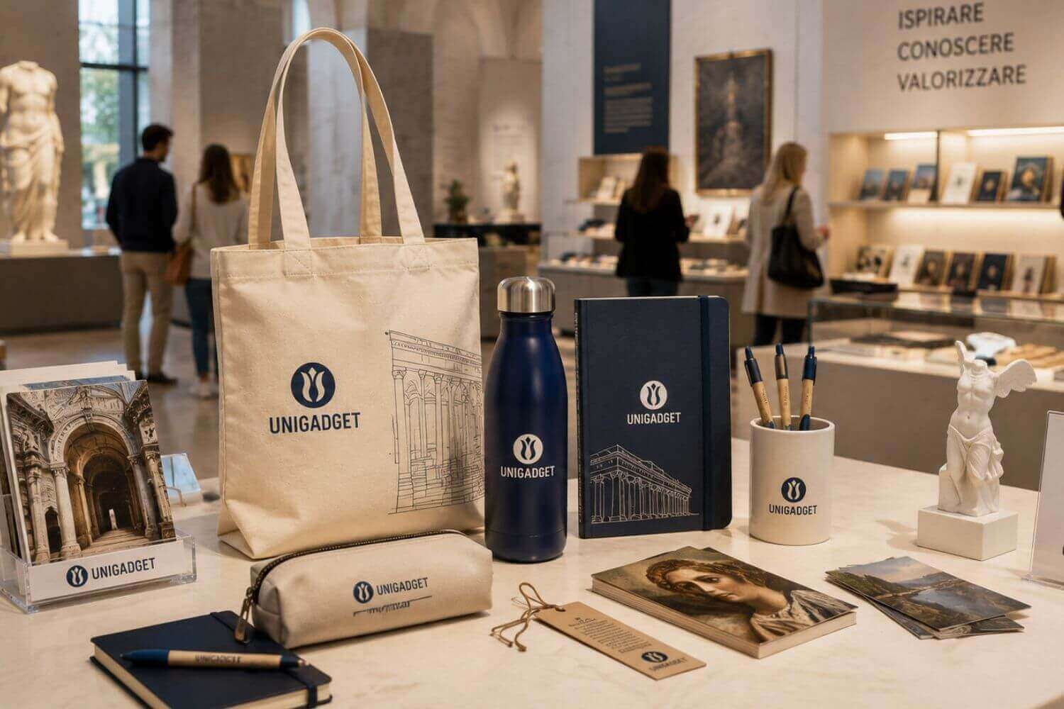 Linea di merchandising museale personalizzato Unigadget esposta sul bancone di un bookshop, con tote bag, borraccia, taccuino, astuccio, penne e cartoline, tra i visitatori e le opere della galleria.