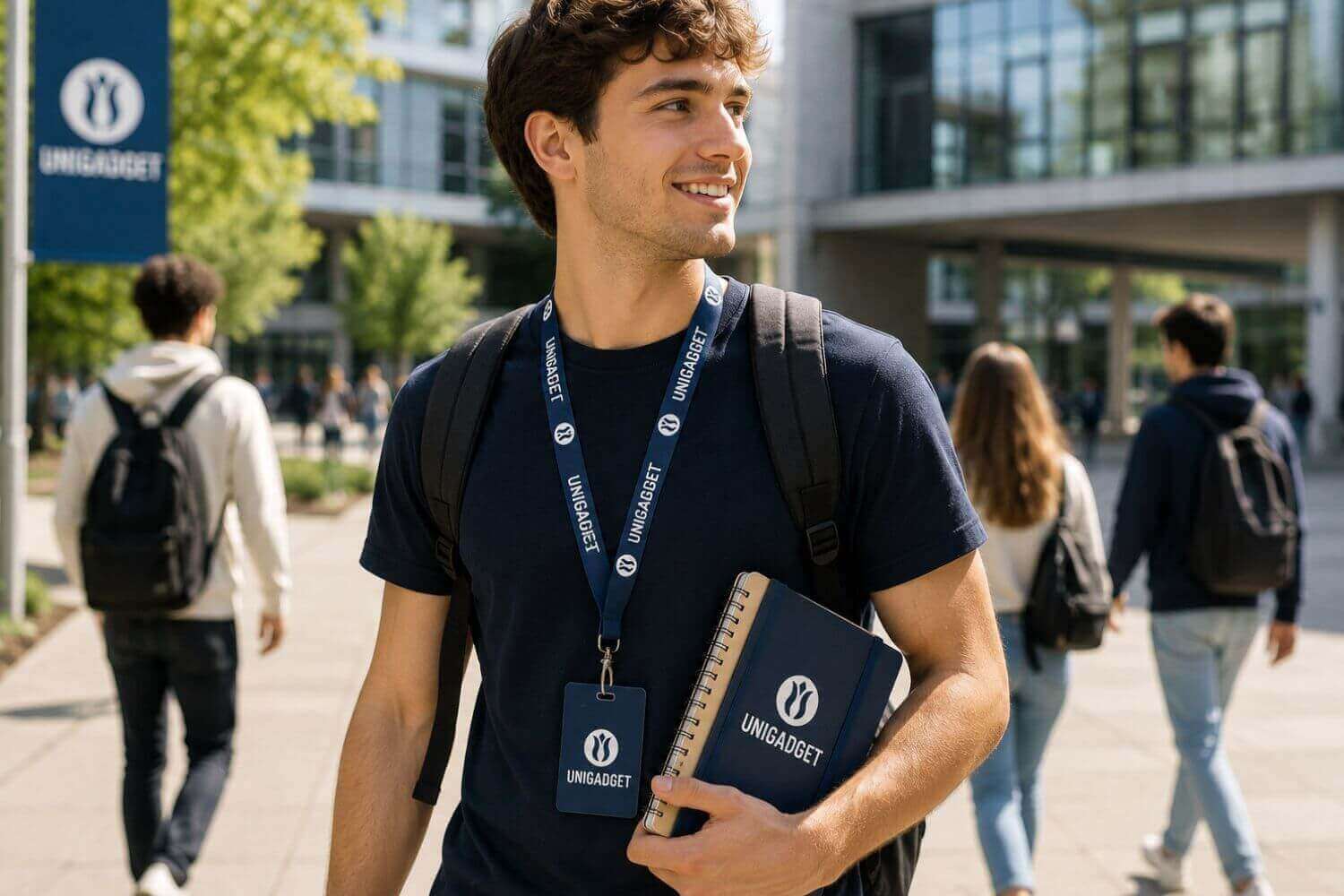 Studente universitario nel campus che indossa un lanyard porta-badge personalizzato con logo, con t-shirt brandizzata, zaino e taccuino, davanti a una bandiera con il logo dell'ateneo.