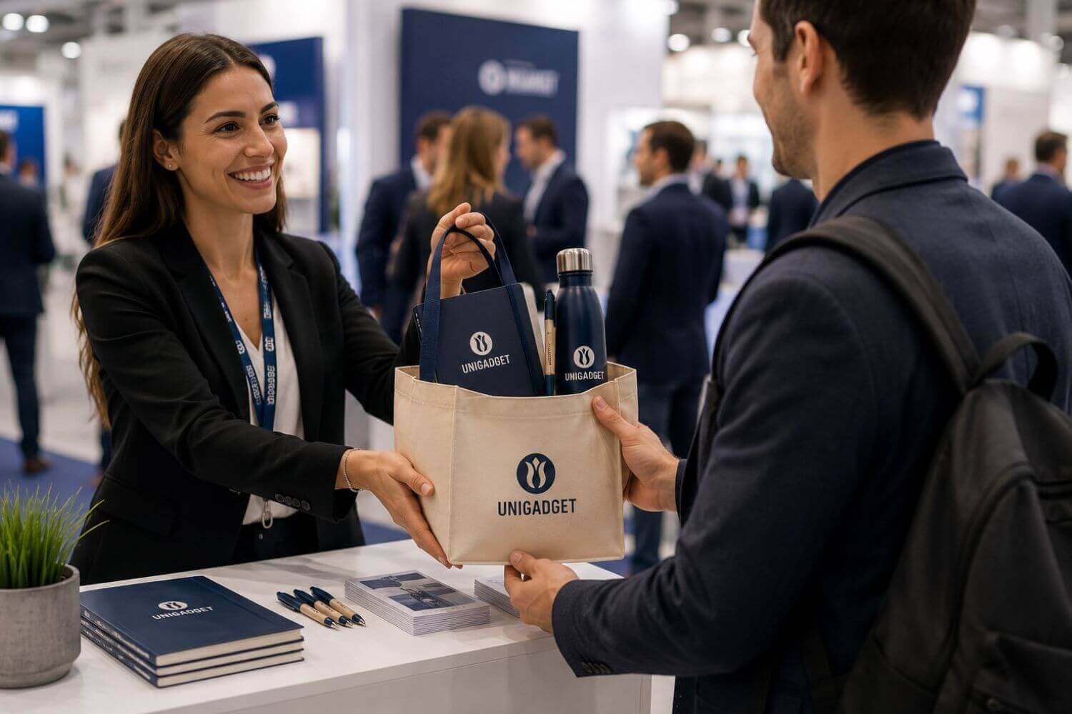Hostess di uno stand fieristico che consegna a un visitatore una shopper in cotone personalizzata contenente una borraccia termica, un taccuino e una penna.
