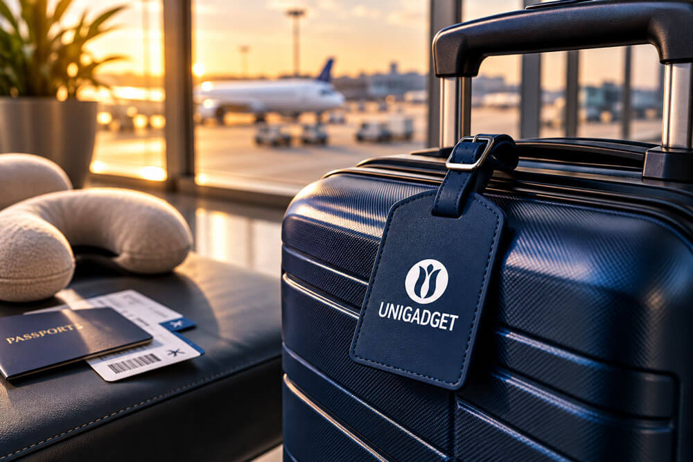Etichetta per bagaglio personalizzata Unigadget in similpelle blu navy agganciata a un trolley rigido, davanti a una vetrata dell'aeroporto con aereo al tramonto, accanto a passaporto, carta d'imbarco e cuscino da viaggio.
