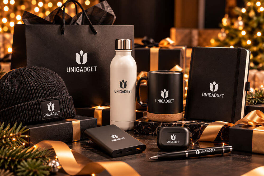 Set di gadget aziendali personalizzati Unigadget per il Black Friday, con shopper nera, borraccia termica bianca, mug, taccuino, beanie, power bank, auricolari e penna, tra luci natalizie e nastri dorati.