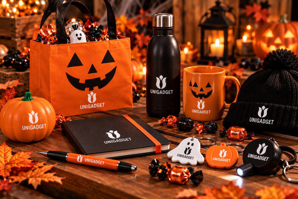 Set di gadget di Halloween personalizzati, con shopper arancione a forma di zucca, borraccia termica nera, mug arancione, beanie, taccuino, penna e portachiavi a tema, tra zucche intagliate, foglie autunnali e candele.