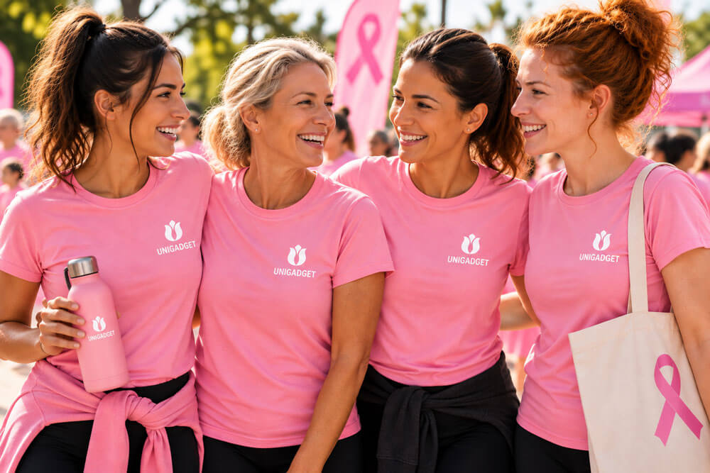 Quattro donne sorridenti con t-shirt rosa personalizzate a un evento dell'Ottobre Rosa, una con borraccia rosa e una con shopper con fiocco rosa, tra le bandiere con il nastro della prevenzione.