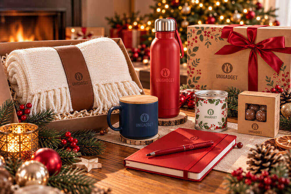 Cofanetto regalo natalizio personalizzato con plaid, borraccia termica rossa, mug, panettone in latta, cioccolatini, taccuino e penna rossi, accanto a una scatola regalo decorata, davanti a un camino acceso e a un albero di Natale.