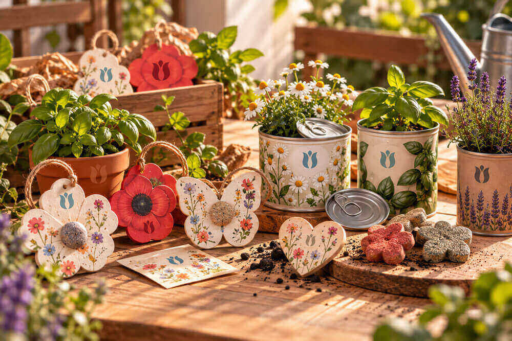 Gadget green SEREA e ORIVA personalizzati con logo aziendale: segnalibri e portachiavi in carta piantabile a forma di fiore, cuore e farfalla accanto a vasetti e lattine coltivabili con basilico, margherite e lavanda, in un giardino assolato.